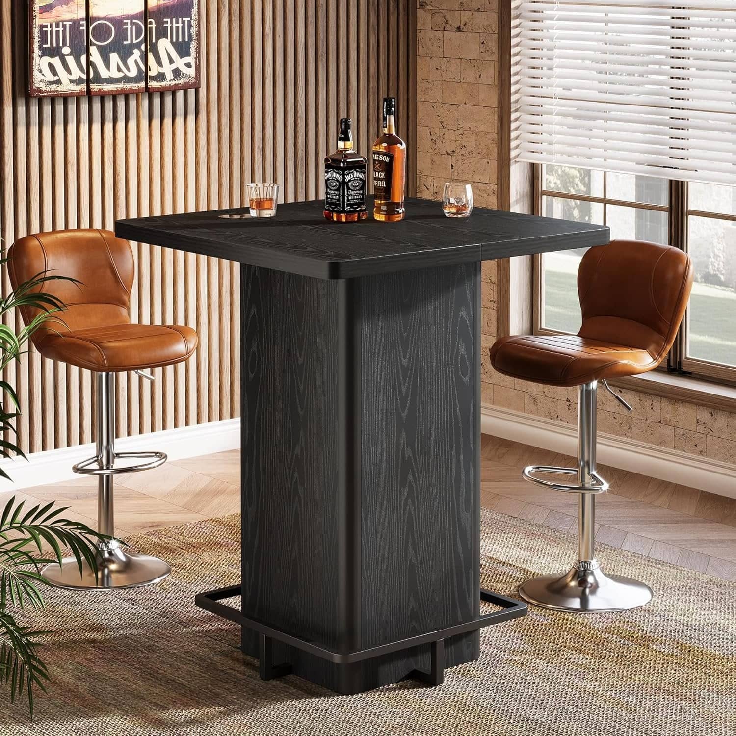 Tribesigns - Bar Table with Engineered Wood Construction, Footrest and Wood Grain Finish for Kitchen and Living Room - Black