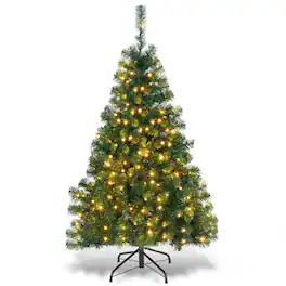 Costway - 4.5Ft PVC Pre-lit Christmas Tree Hinged 200 LED Light Metal - Green