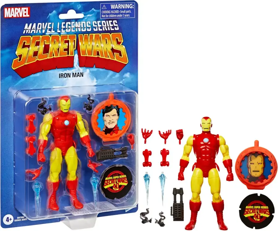The image features a toy figure of Iron Man, part of the Marvel Legends Series Secret Wars. The toy is made of red and yellow plastic and is designed for children over three years old. The packaging warns that small parts may pose a choking hazard, so it is essential to keep the toy away from young children. The toy figure is accompanied by various accessories, including a helmet and a gun, to enhance the play experience.