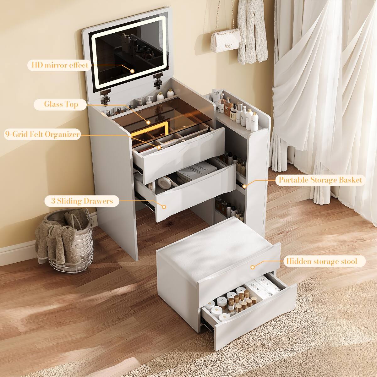 HD mirror effect  
Glass Top  
9-Grid Felt Organizer  
Portable Storage Basket  
3 Sliding Drawers  
Hidden storage stool