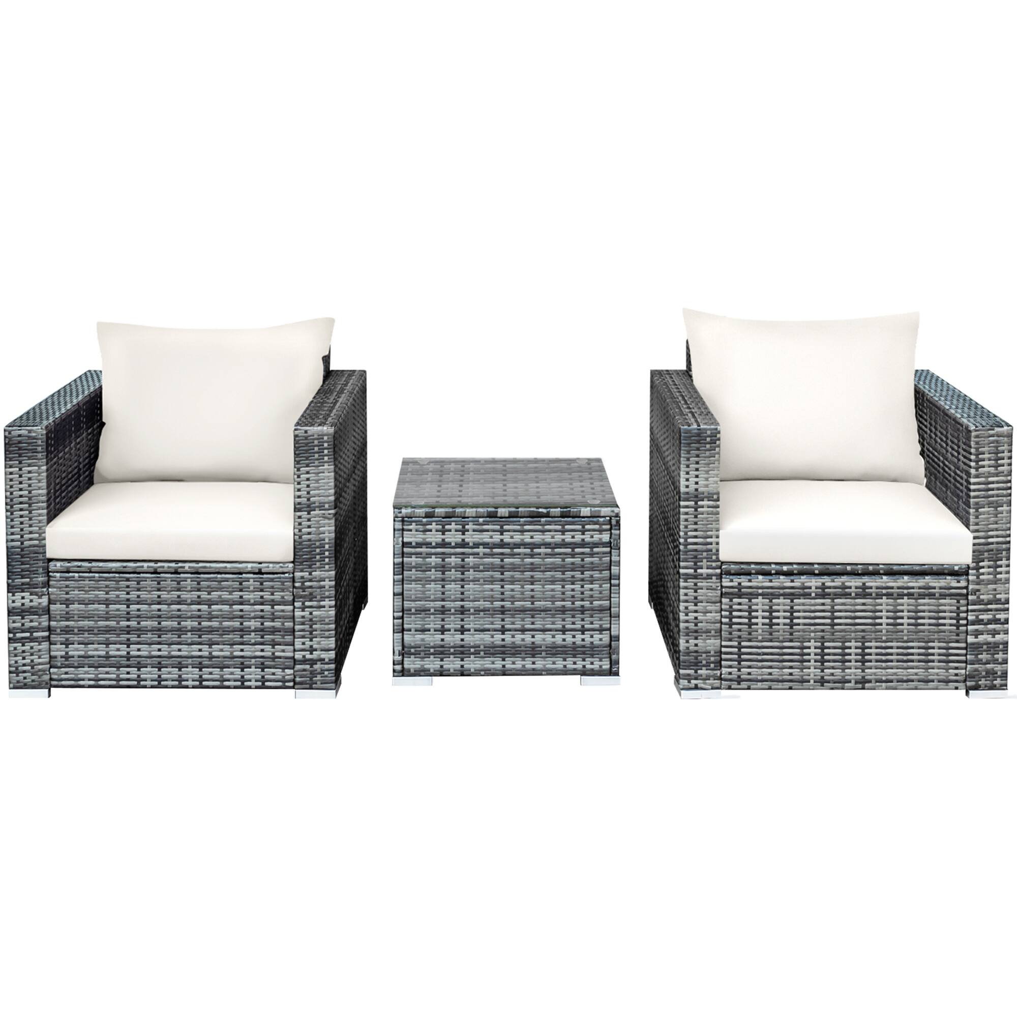 Alt View 9. Gymax - Gymax 3PCS Rattan Patio Conversation Furniture Set Outdoor Yard w/ White Cushion - White.