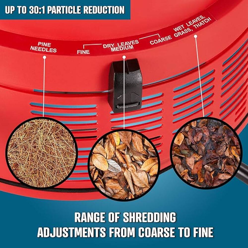 UP TO 30:1 PARTICLE REDUCTION

RANGE OF SHREDDING ADJUSTMENTS FROM COARSE TO FINE

- WET LEAVES, GRASS, THATCH
- COARSE
- DRY LEAVES
- MEDIUM
- PINE NEEDLES
- FINE