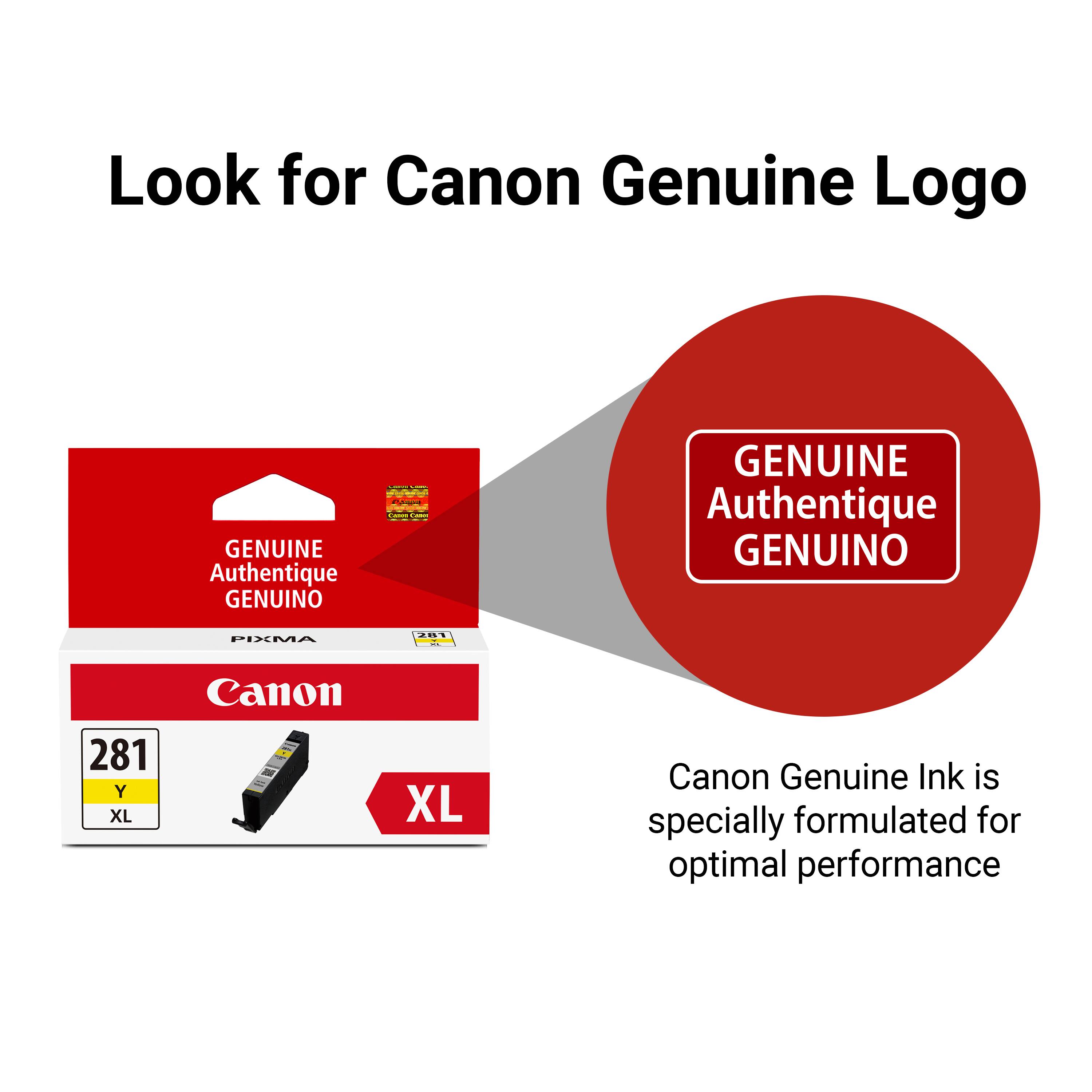 Look for Canon Genuine Logo

GENUINE Authentique GENUINO

Canon Genuine Ink is specially formulated for optimal performance

281 Y XL

Canon

PIXMA