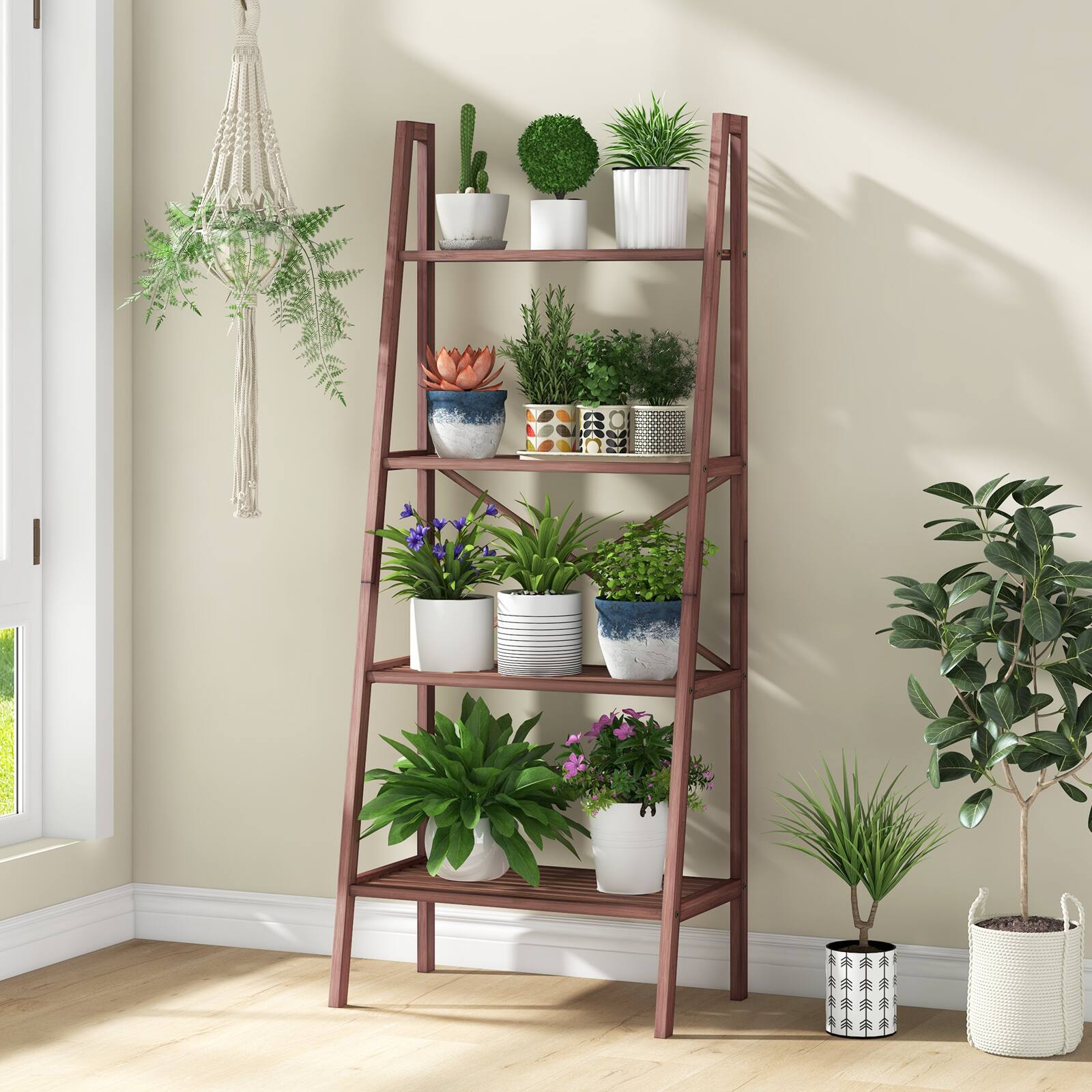 Alt View 1. Costway - Costway 4-Tier Bamboo Ladder Bookshelf Rustic Bookcase Floor Standing Shelving Unit Book Shelf Storage Organizer 1pc - Walnut.