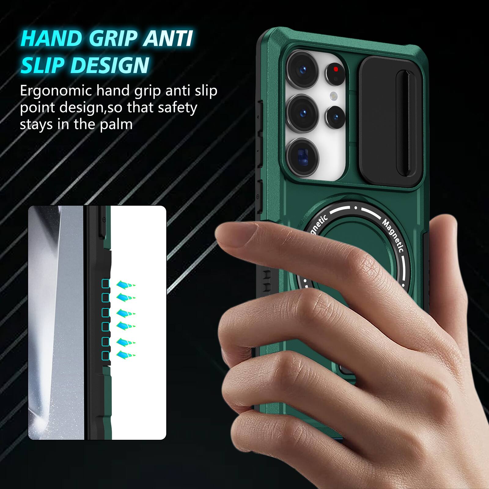 HAND GRIP ANTI SLIP DESIGN  
Ergonomic hand grip anti slip point design, so that safety stays in the palm