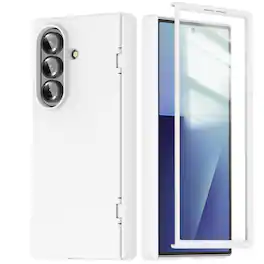 Dteck - Shockproof Case for Samsung Galaxy Z Fold7 with Built-in Glass Screen Protector, Rigid Hard PC Hinge Protective Cover - White