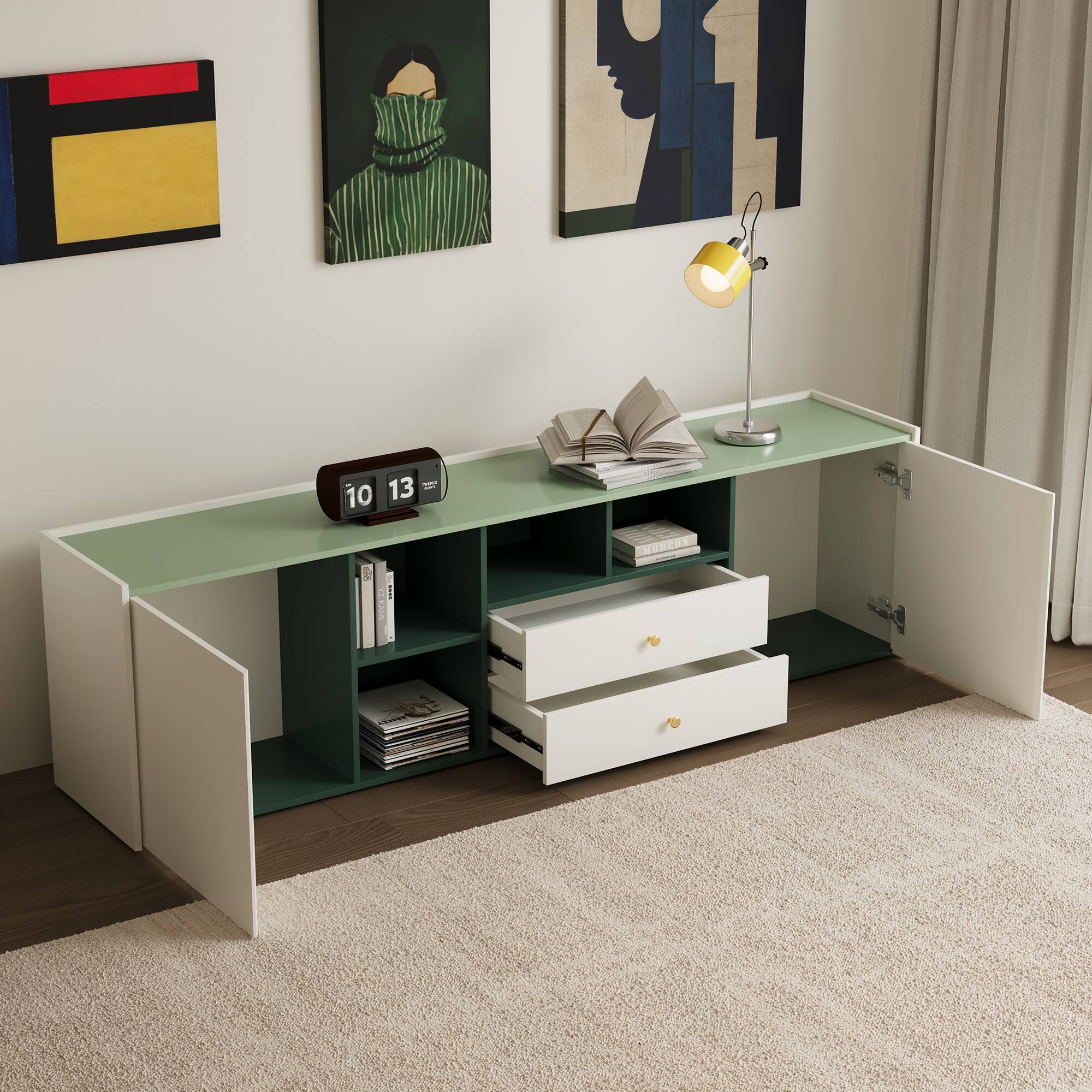 Angle. luck idea - 78.7" Media Console TV Stand with Large Storage, Gold Pulls & Hidden Handles - Green.