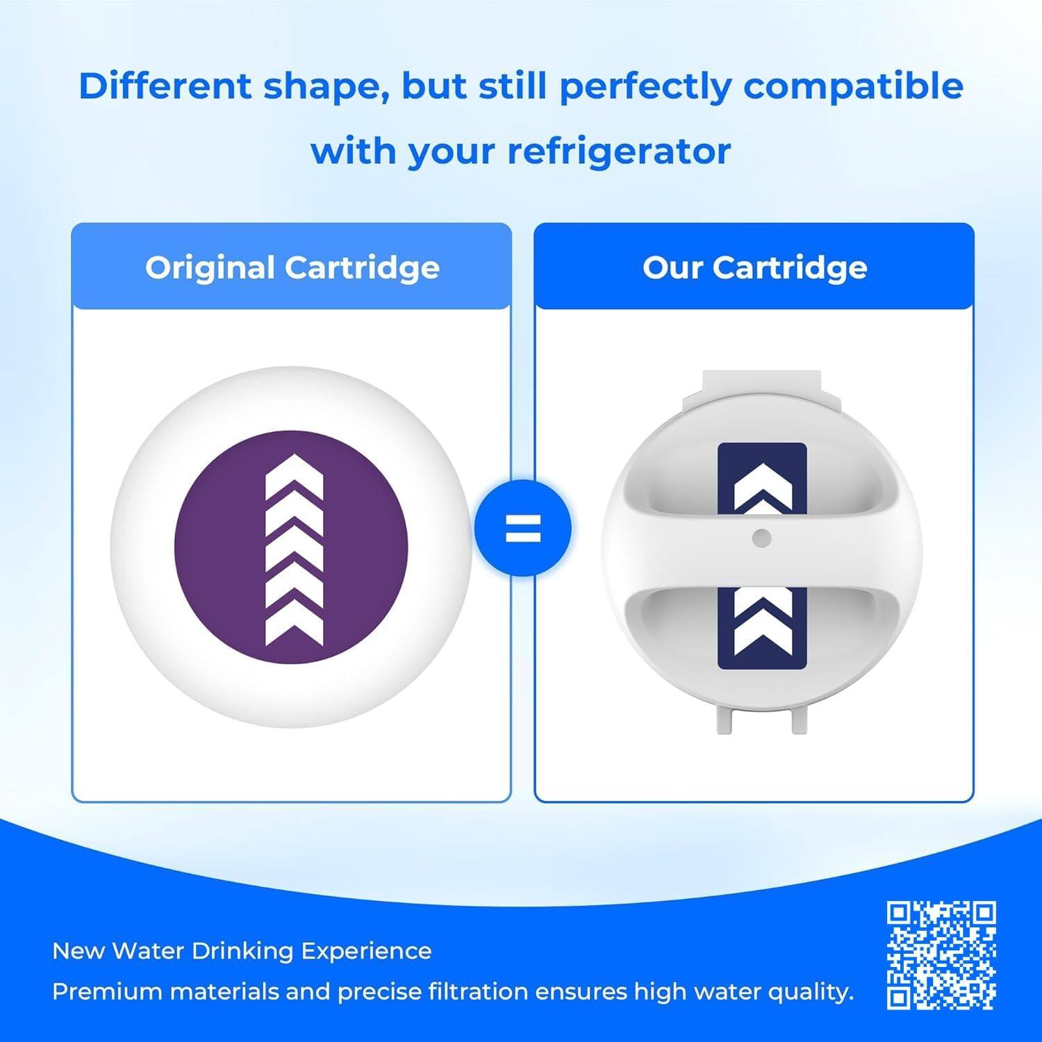 Different shape, but still perfectly compatible with your refrigerator. Original Cartridge = Our Cartridge. New Water Drinking Experience. Premium materials and precise filtration ensure high water quality.