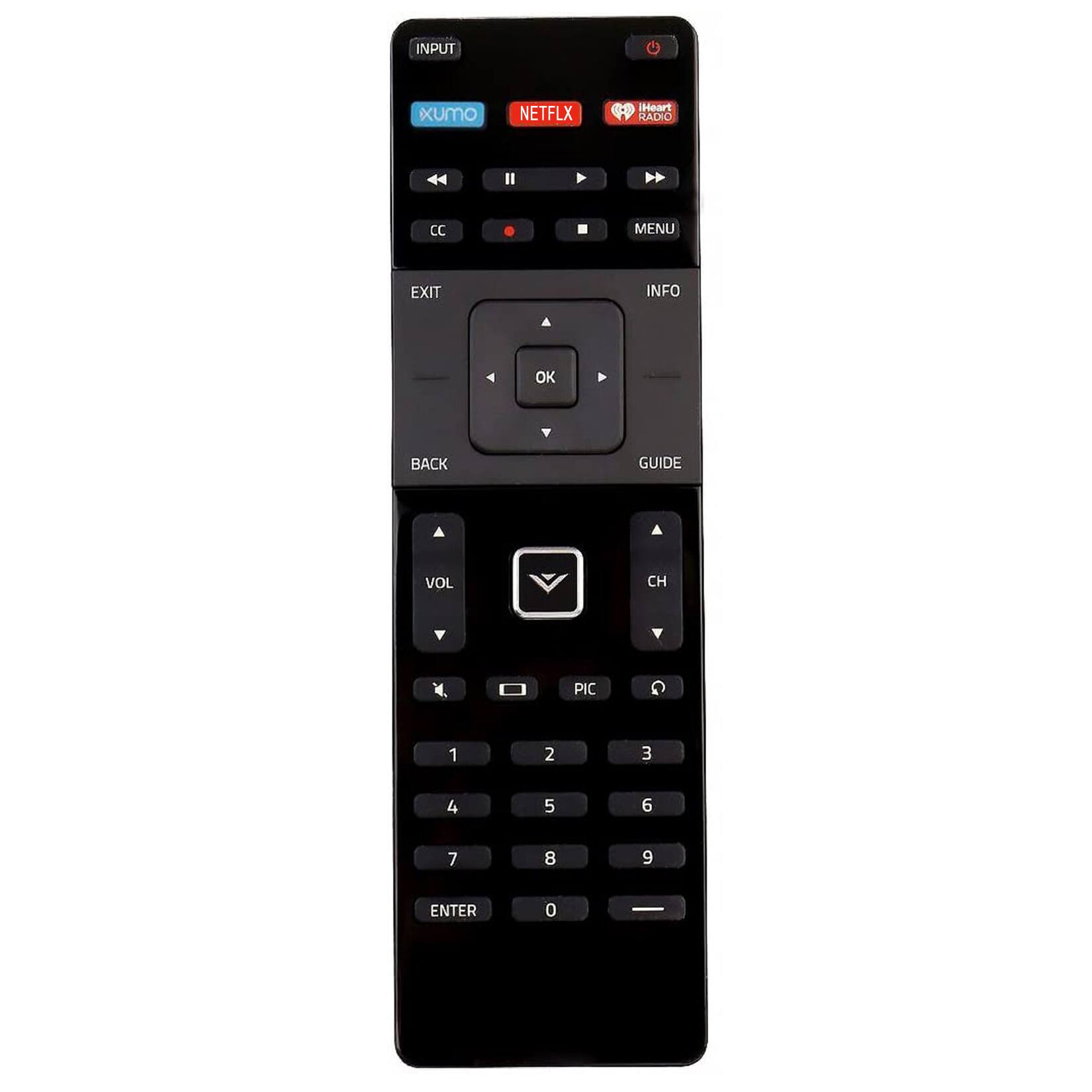 INPUT xumo NETFLIX Heart RADIO II CC MENU EXIT INFO OK BACK GUIDE VOL CH PIC 1 2 3 4 5 6 7 8 9 ENTER 0