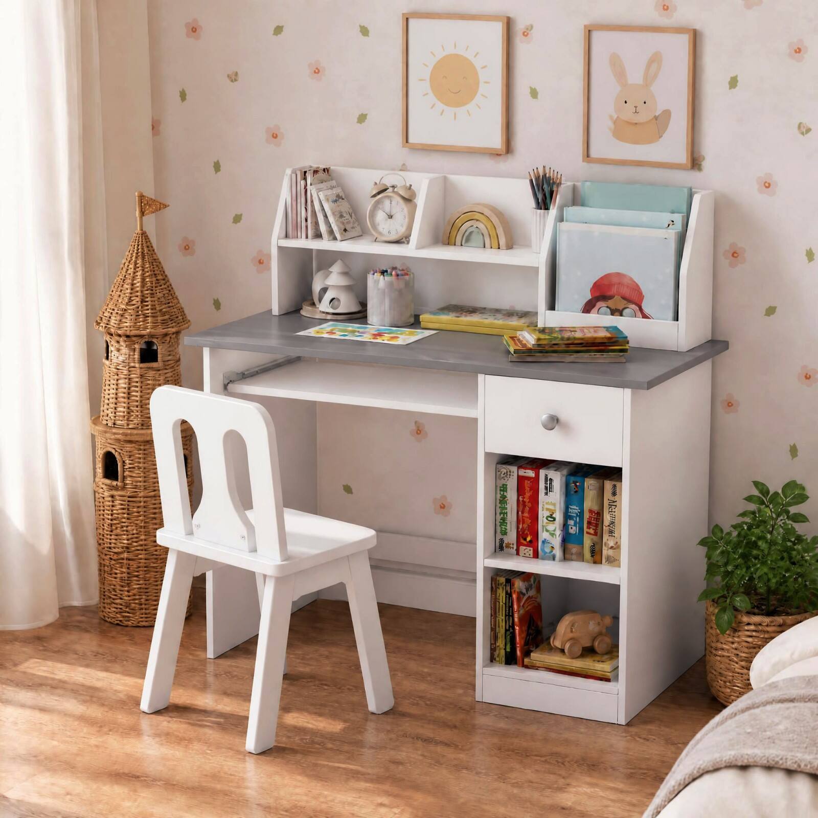 Alt View 4. Costway - Costway Kids Study Desk with Keyboard Tray & Drawer, Side Bookshelf & Upper Shelves - White + Gray.