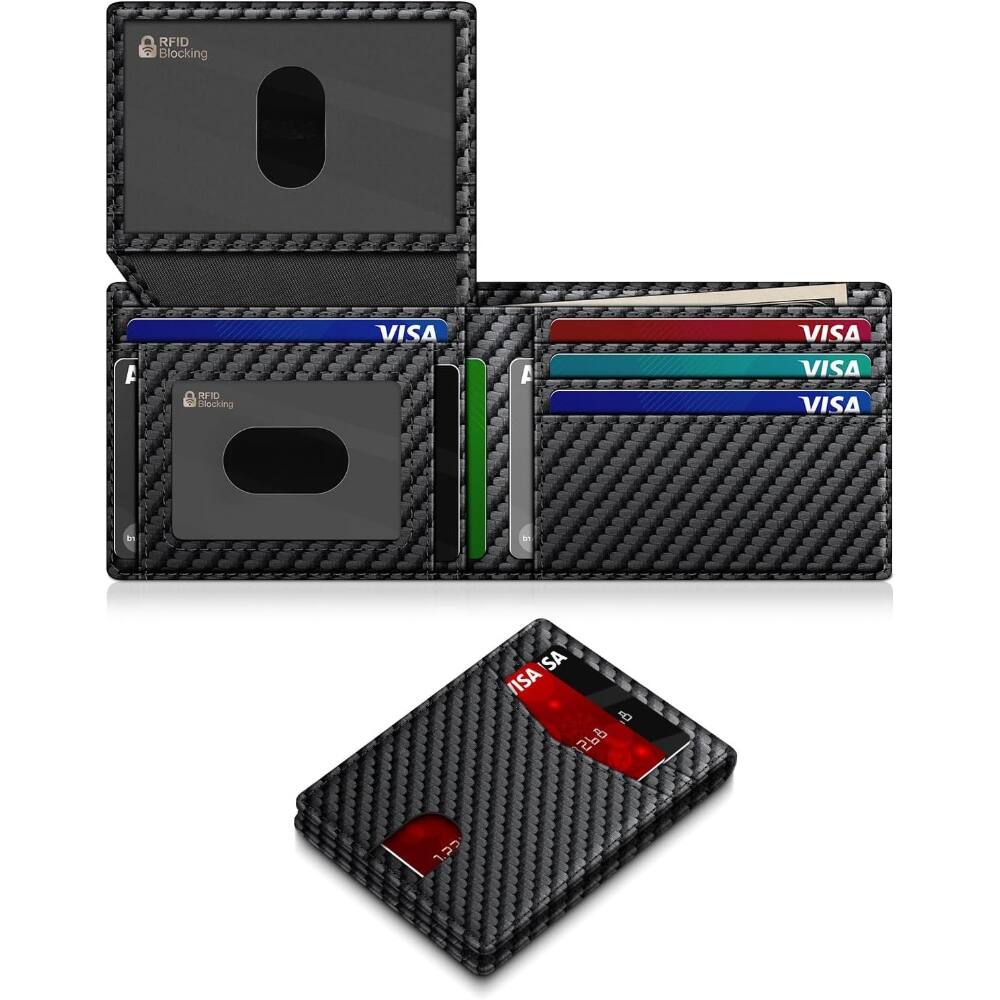 ZUQIETA- 14-Capacity Bifold Wallet- Slim RFID Blocking Leather with 2 ID Windows & Cash Slot- Carbon Fiber