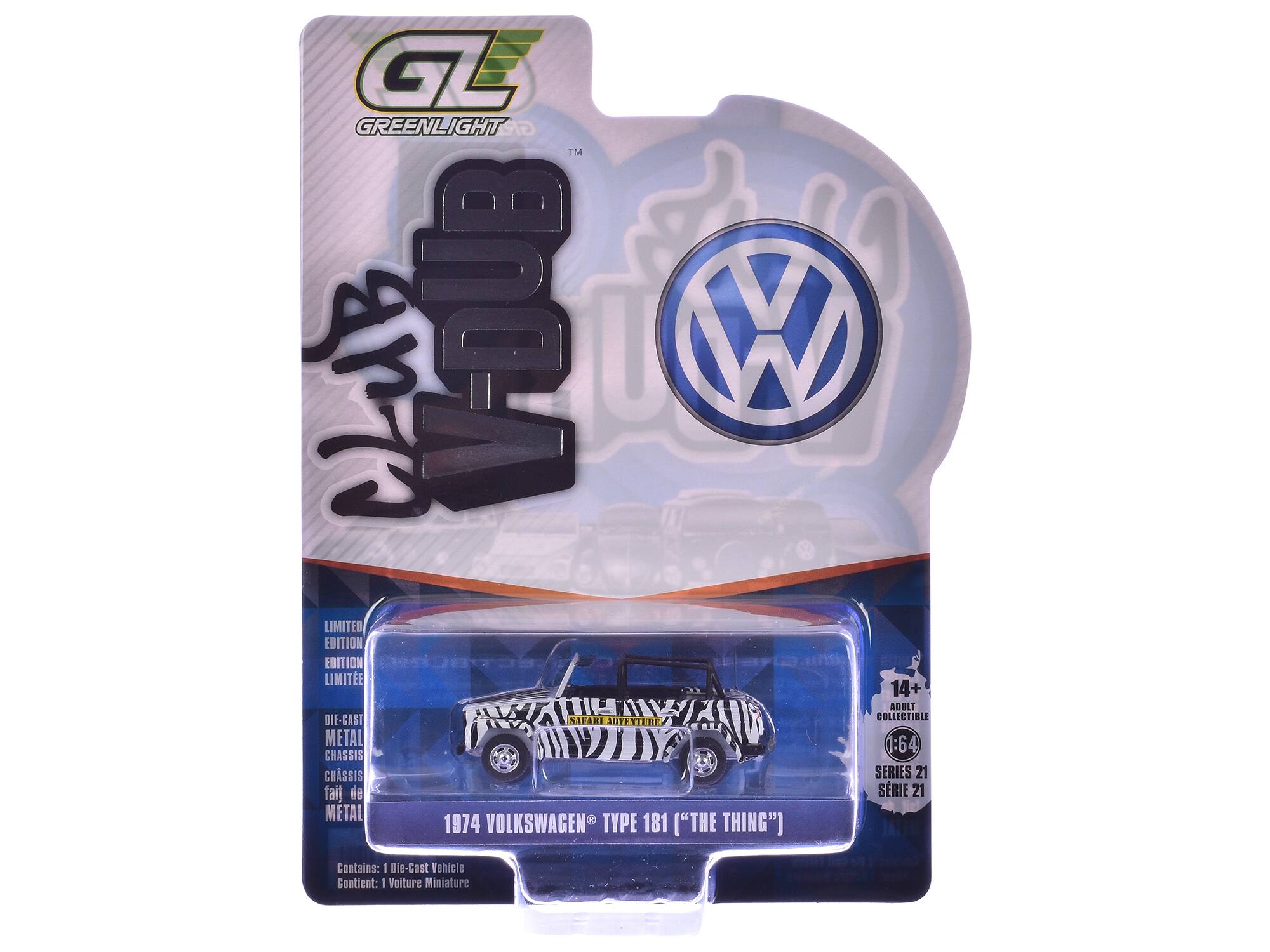 GREENLIGHT GR IM CLUB VOUD W LIMITED EDITION EDITION LIMITE 14+ ADBLI DIE-CAST SAFARI COLLECTIBLE ANTENTI RE METAL 1:64 CHASSIS CHSSIS SERIES 21 fail de SRIE 21 METAL 1974 VOLKSWAGEN TYPE 181 ["THE THING"] Contains: 1 Dit-Cast Tehicle Contient: : Voiture Miniature