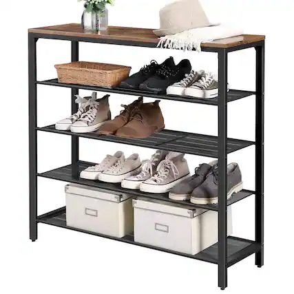 Front. SlickBlue - Metal Shoe Rack 5-Tier with Wood Top, Industrial Design - Black, Brown.