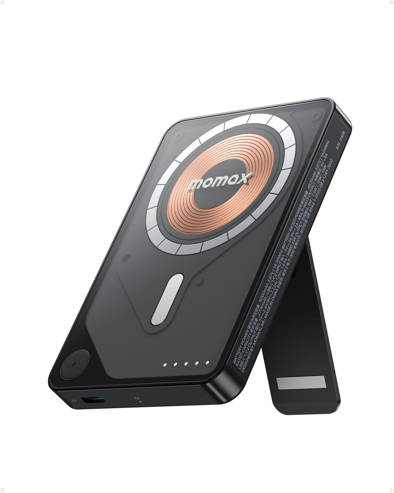 Momax - Magnetic Wireless Power Bank with 20W PD Fast Charging 5000mAh Ultra Slim Portable Charger - Black