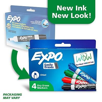**EXPO Dry Erase Markers**

- **Chisel Tip**
- **4 Dry Erase Markers**
- **Easily Erases**
- **New Ink, New Look!**
- **Vibrant Ink**
- **Low Odor**
- **WOW! Our Most Vibrant Ink Yet!**
- **Packaging May Vary**

**Text on the Image:**
- "EXPO dry erase points cisal de cincel to bimse marqueurs markers colors marcadores effaables de sec borrado en seco"
- "New Ink New Look!"
- "EXPO dry EXPO WOW VIBRANT Ink Easily Our Most Erass Chisel EX EXPO EXpO Lo odor 4 Dry Erase Markers EXPO chisel PACKAGING MAY VARY"