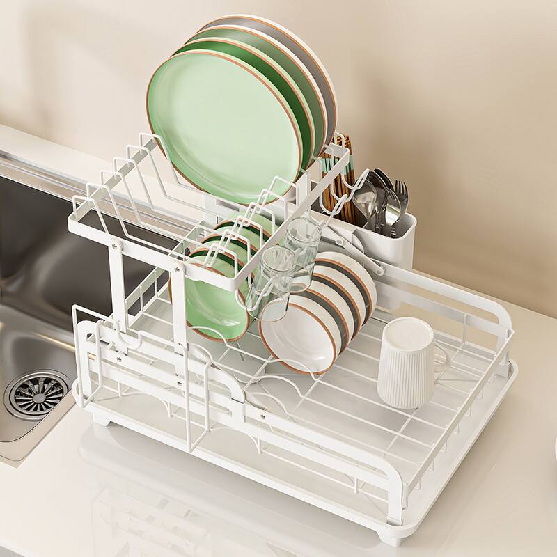 Alt View 7. Sugift - 2-Tier Collapsible Multi-Functional Dish Drying Rack - White.