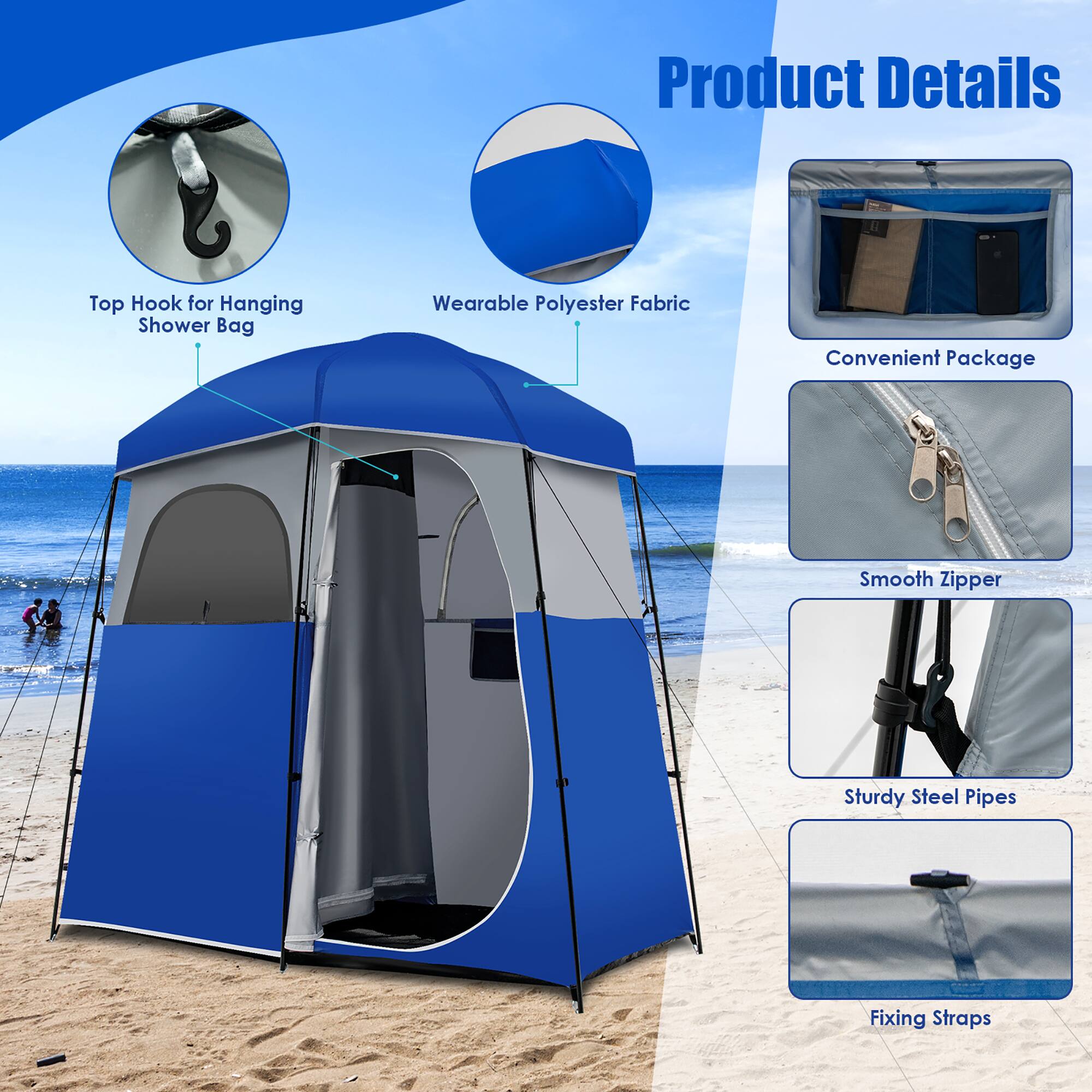 Product Details

- Top Hook for Hanging Shower Bag
- Wearable Polyester Fabric
- Convenient Package
- Smooth Zipper
- Sturdy Steel Pipes
- Fixing Straps