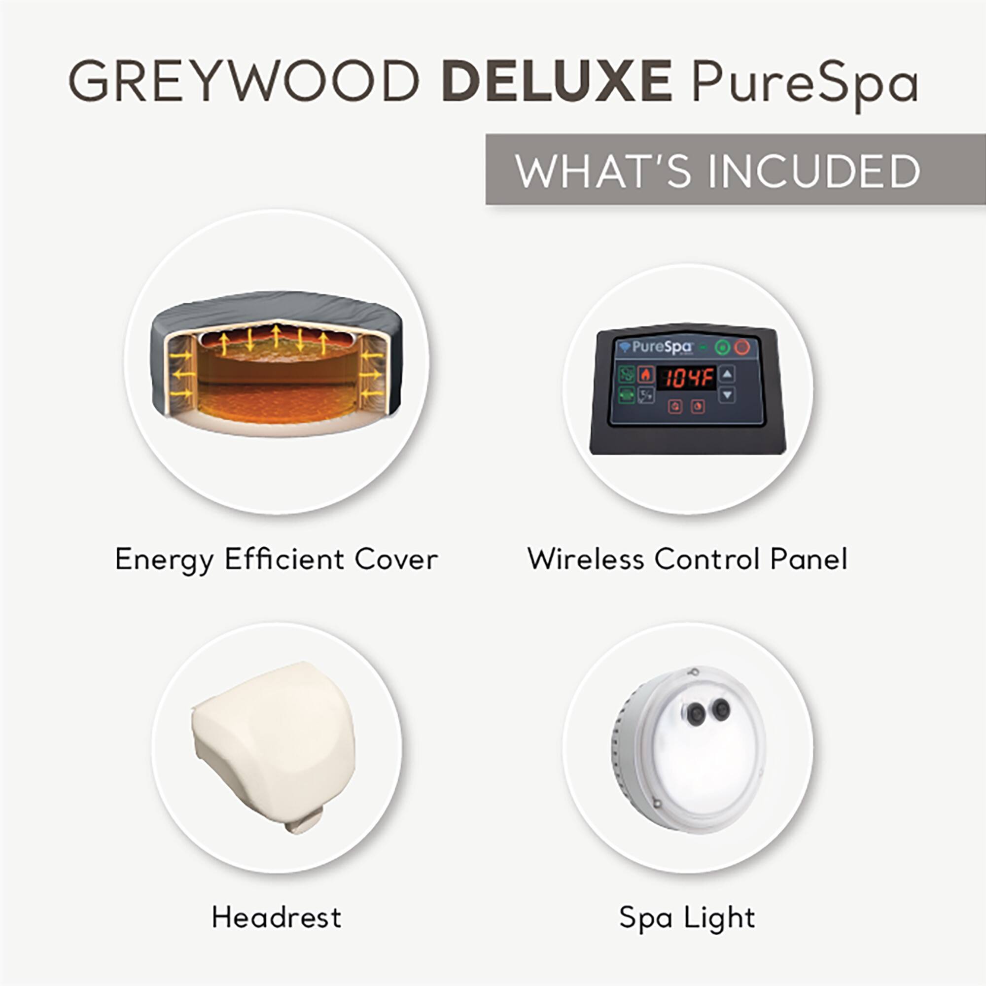 GREYWOOD DELUXE PureSpa

WHAT'S INCLUDED

- Energy Efficient Cover
- Wireless Control Panel
- Headrest
- Spa Light