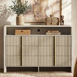 ModernMate - 6 Drawer Fluted Dresser for Bedroom with Open Shelf, Metal Handles, Clothes Storage Cabinet and Organizer - White Alder