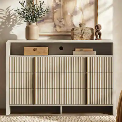 Front. ModernMate - 6 Drawer Fluted Dresser for Bedroom with Open Shelf, Metal Handles, Clothes Storage Cabinet and Organizer - White Alder.