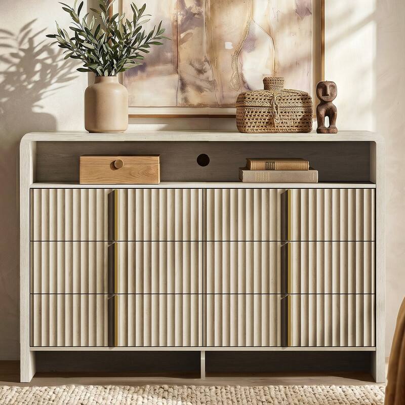 Front. ModernMate - 6 Drawer Fluted Dresser for Bedroom with Open Shelf, Metal Handles, Clothes Storage Cabinet and Organizer - White Alder.