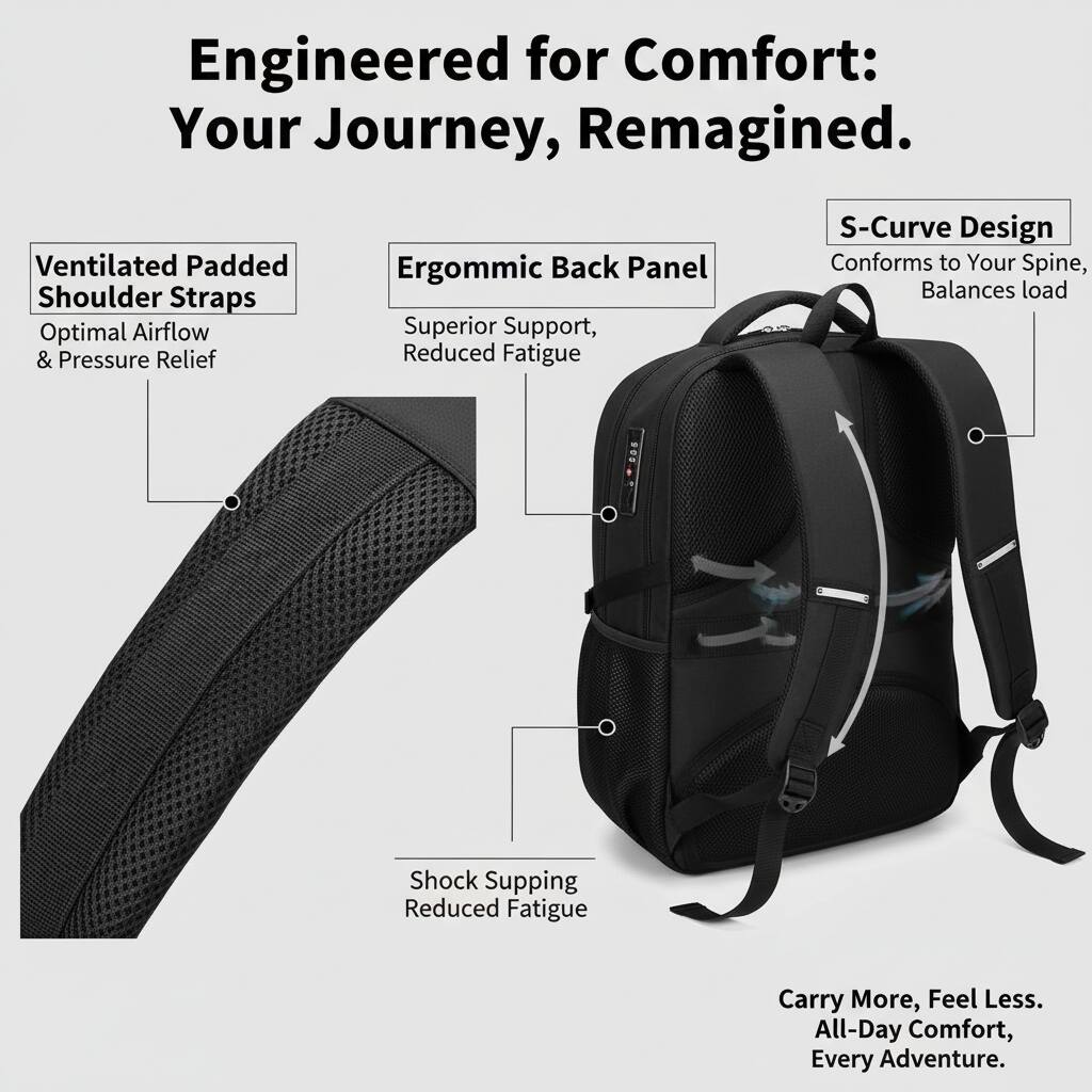 Engineered for Comfort: Your Journey, Remagined.

- Ventilated Padded Shoulder Straps: Optimal Airflow & Pressure Relief
- Ergonomic Back Panel: Superior Support, Reduced Fatigue
- S-Curve Design: Conforms to Your Spine, Balances Load
- Shock Supping: Reduced Fatigue

Carry More, Feel Less. All-Day Comfort, Every Adventure.