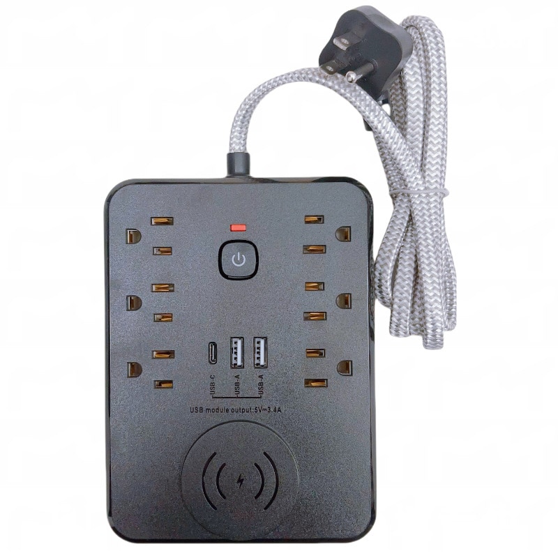 Cluzine - 10-in-1 Multi-Function Power Strip with Multiple USB Ports & Wireless Inductive Charging for Phones - Black