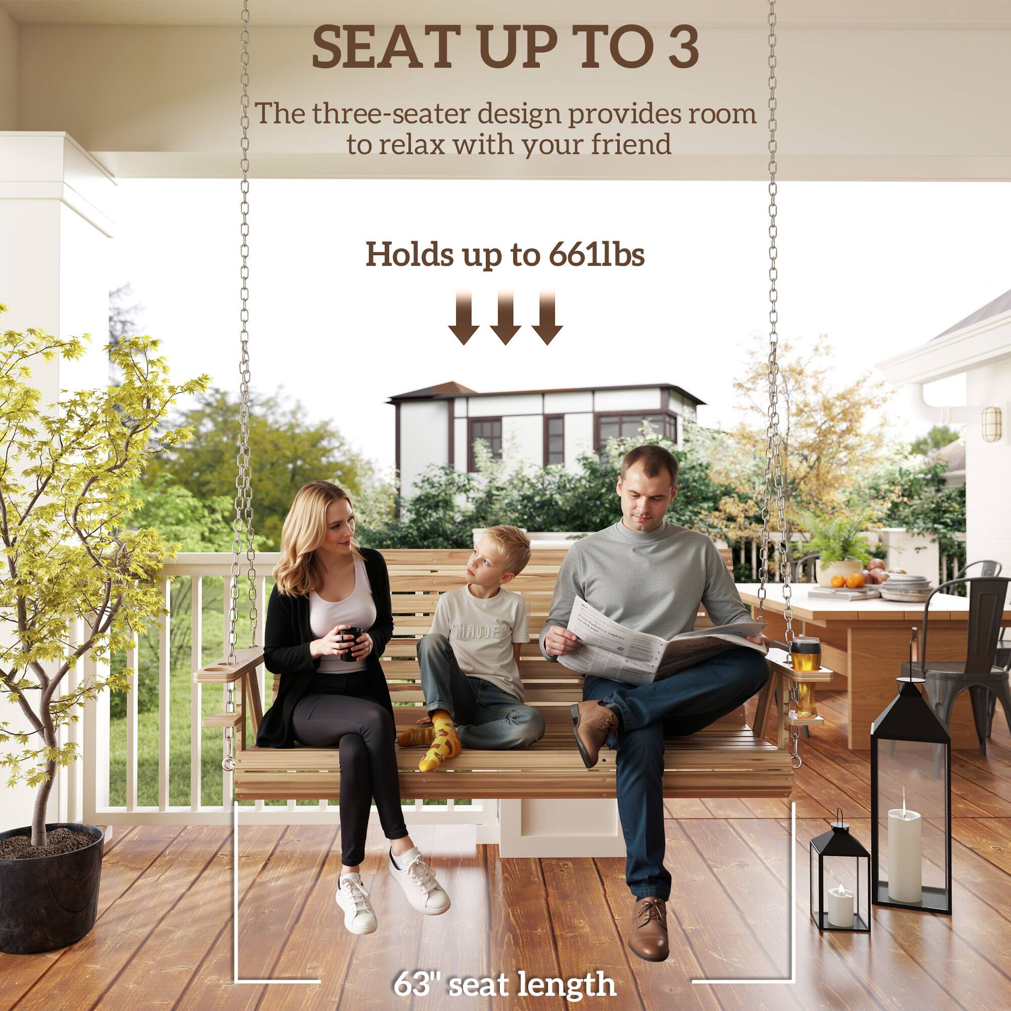 SEAT UP TO 3, The three-seater design provides room to relax with your friend, Holds up to 661lbs, 63" seat length