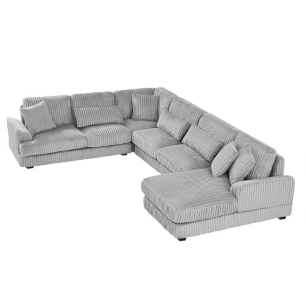 Alt View 8. LUCKY ONE - 129" Oversized U-Shaped Corduroy Sectional Sofa w/ Chaise Lounge & 7 Pillows - Grey.