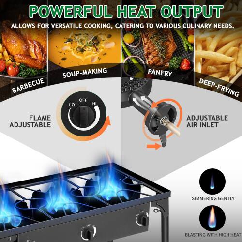 POWERFUL HEAT OUTPUT  
Allows for versatile cooking, catering to various culinary needs.

- BARBECUE
- SOUP-MAKING
- PANFRY
- DEEP-FRYING

FLAME ADJUSTABLE  
OFF LO HI

ADJUSTABLE AIR INLET

SIMMERING GENTLY

BLASTING WITH HIGH HEAT