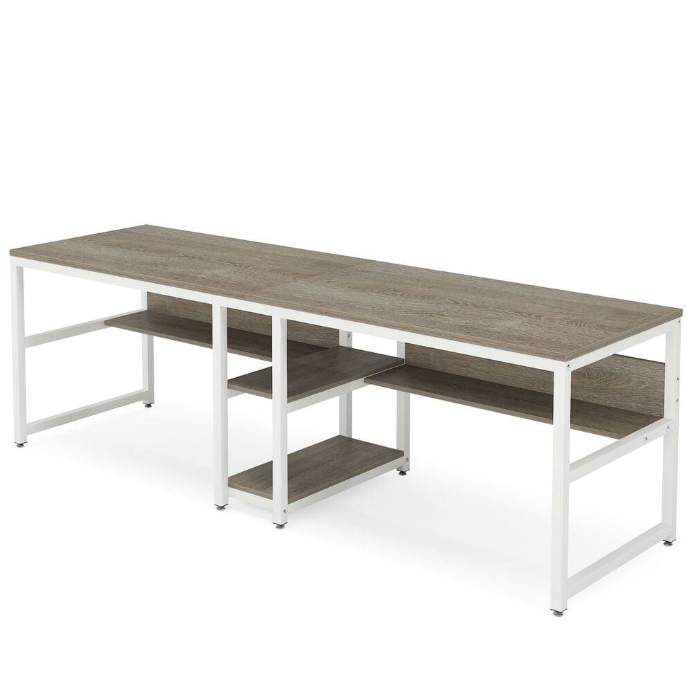 Front. Kadyn - Kadyn Study Writing Desk, 79" Two Person Computer Desk Double Workstation with Shelves,Grey & White - Gray & White.