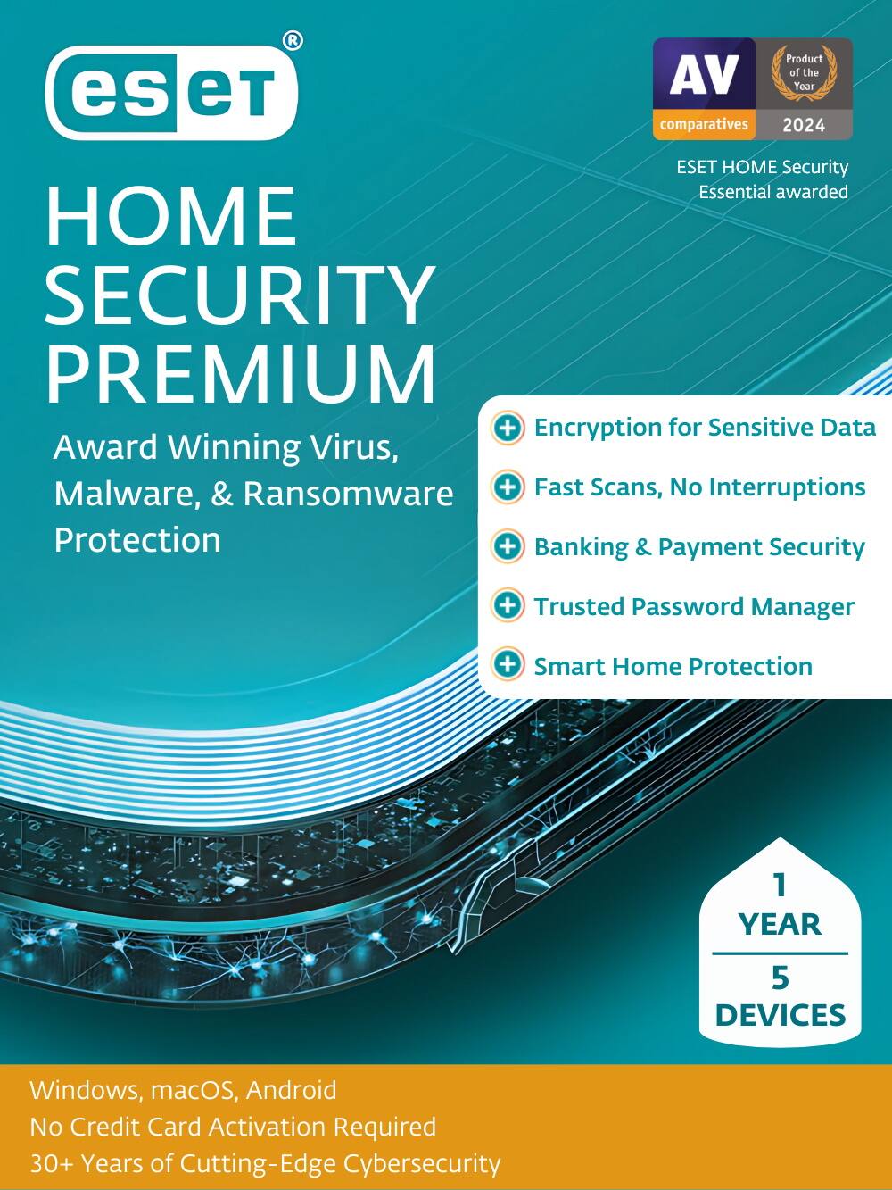 ESET Home Security Premium is a product that has been awarded the AV of the Year in 2024. It offers a range of features, including encryption for sensitive data, fast scans, and protection against viruses, malware, and ransomware. Additionally, it provides banking and payment security, a trusted password manager, and smart home protection. The product is available for Windows, macOS, and Android devices, and it does not require a credit card activation. With over 30 years of cutting-edge cybersecurity, ESET Home Security Premium is a reliable choice for protecting your devices and data.