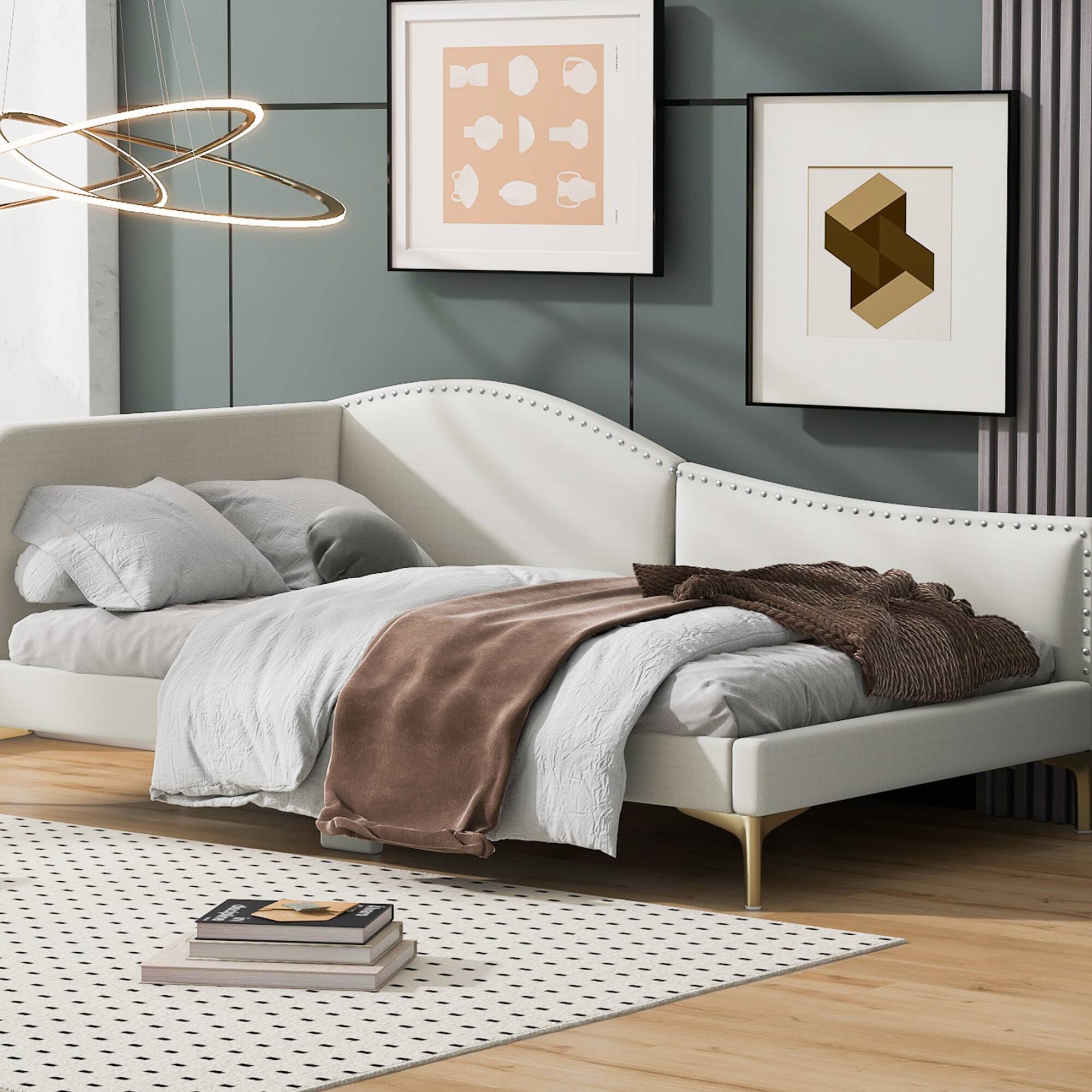 Back. GOODSILO - Twin Size Upholstered Daybed with Headboard and Armrest, Sturdy Support Legs - Beige.