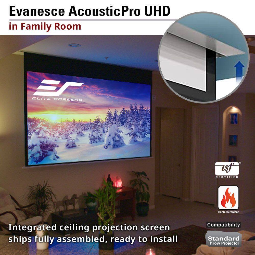 Evanesce AcousticPro UHD in Family Room

Integrated ceiling projection screen ships fully assembled, ready to install

- usf CERTIFIED
- Flame Retardant
- Compatibility
- Standard Throw Projector