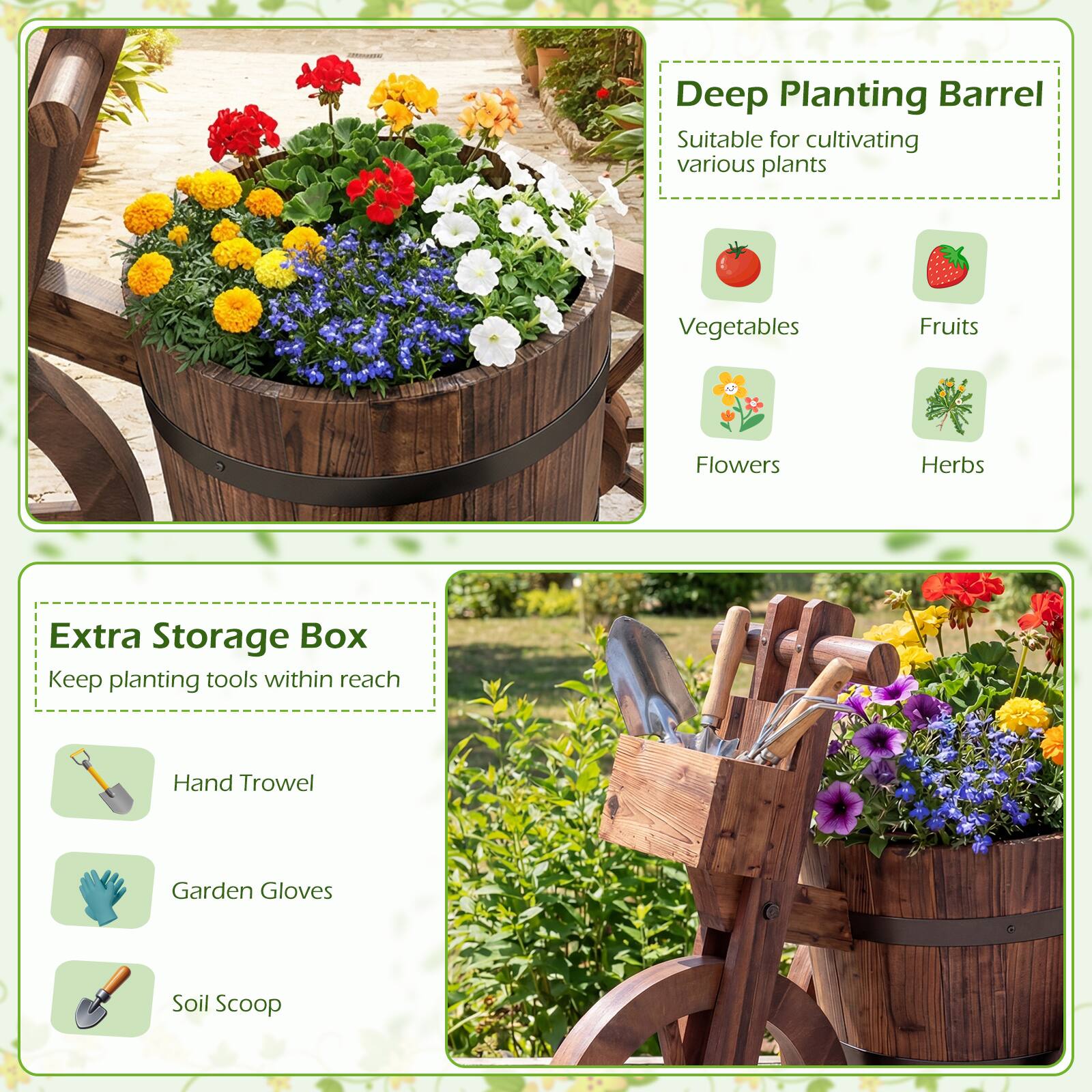 Deep Planting Barrel  
Suitable for cultivating various plants  
Vegetables  
Fruits  
Flowers  
Herbs  

Extra Storage Box  
Keep planting tools within reach  
Hand Trowel  
Garden Gloves  
Soil Scoop