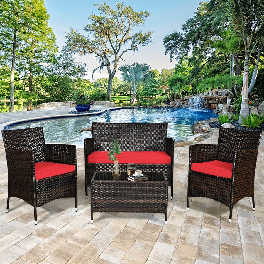 Gymax 4PCS Patio Rattan Conversation Furniture Set Outdoor w/ Cushion ...