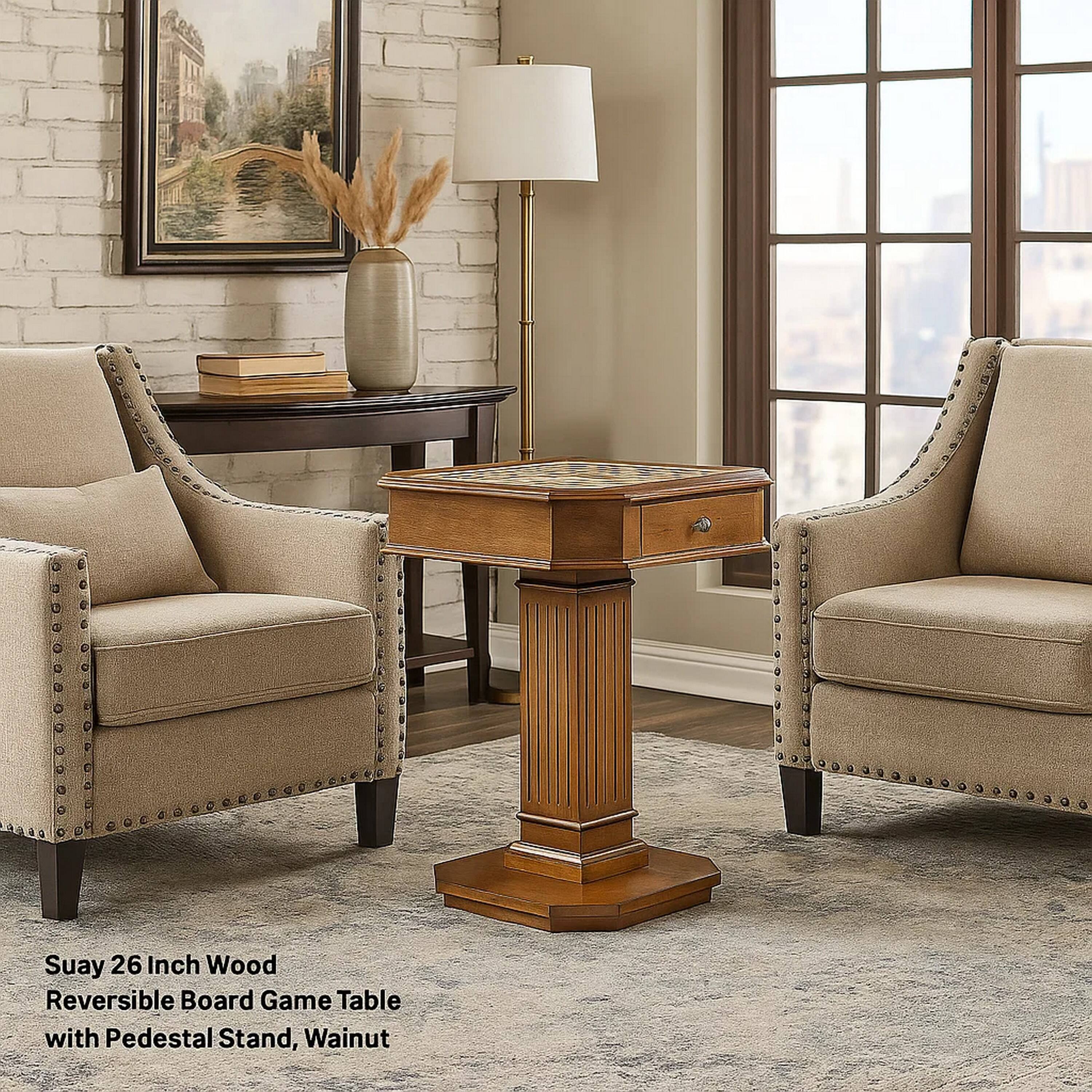 Suay 26 Inch Wood Reversible Board Game Table with Pedestal Stand, Wainut