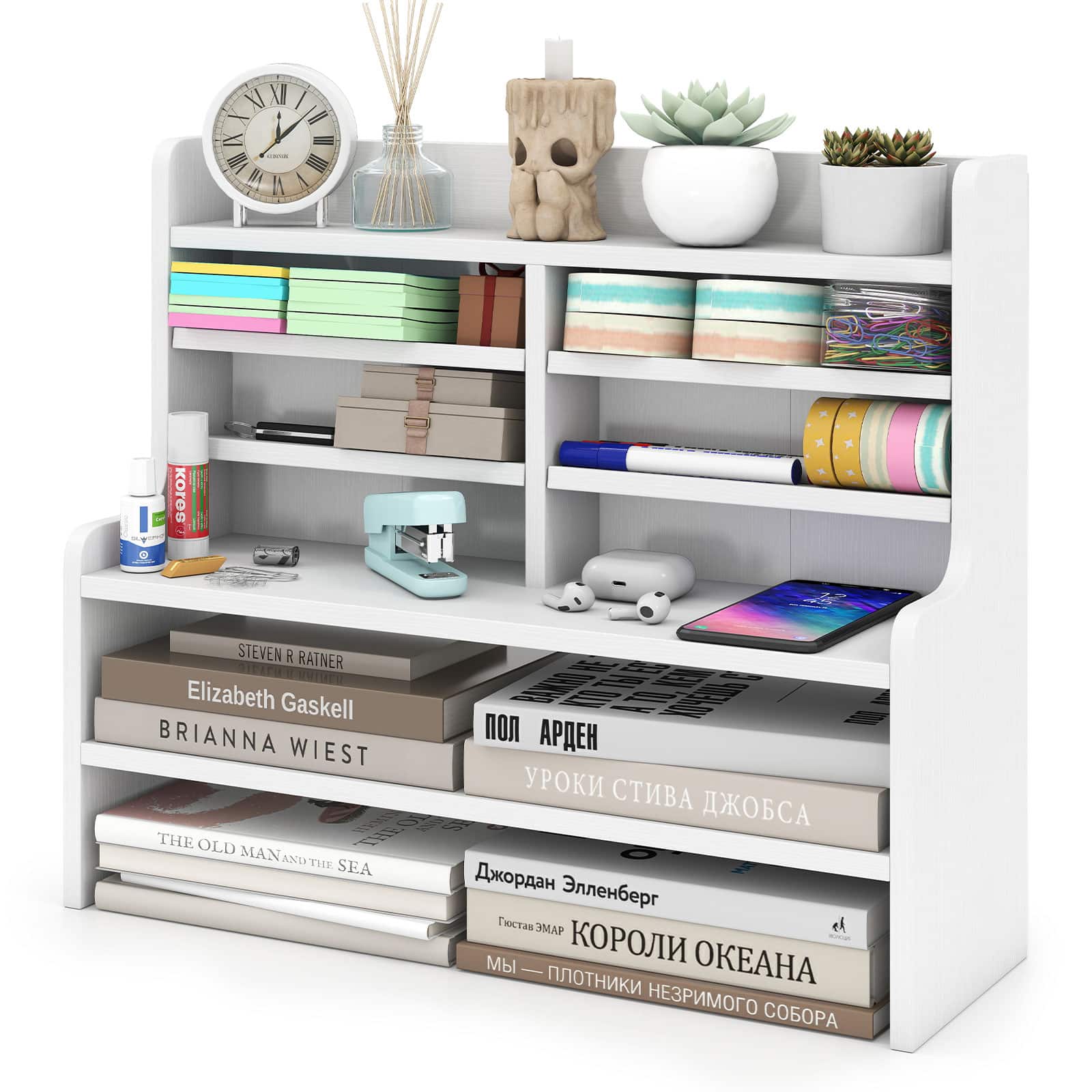 Gymax - Desk Bookshelf Desktop Display Rack w/Open Cubes Removable Shelves for Home - White