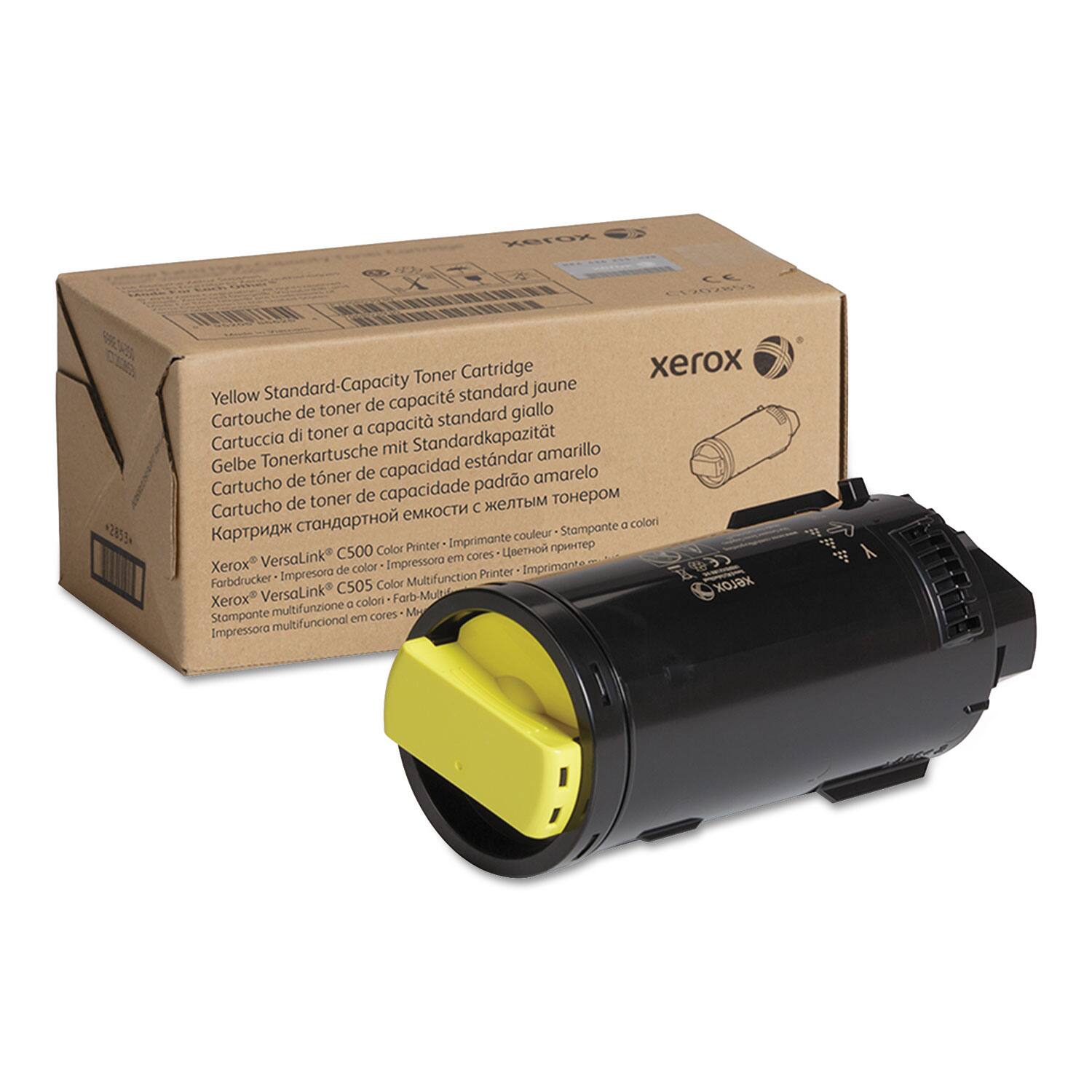 Yellow Standard-Capacity Toner Cartridge  
Cartouche de toner standard jaune  
Cartuccia di toner a capacità standard giallo  
Gelbe Tonerpatrone mit Standardkapazität  
Cartucho de toner de capacidad estándar amarillo  
Картридж для тонера стандартной ёмкости жёлтый  

Xerox® VersaLink® C500 Color Printer  
Xerox® VersaLink® C505 Color Multifunction Printer