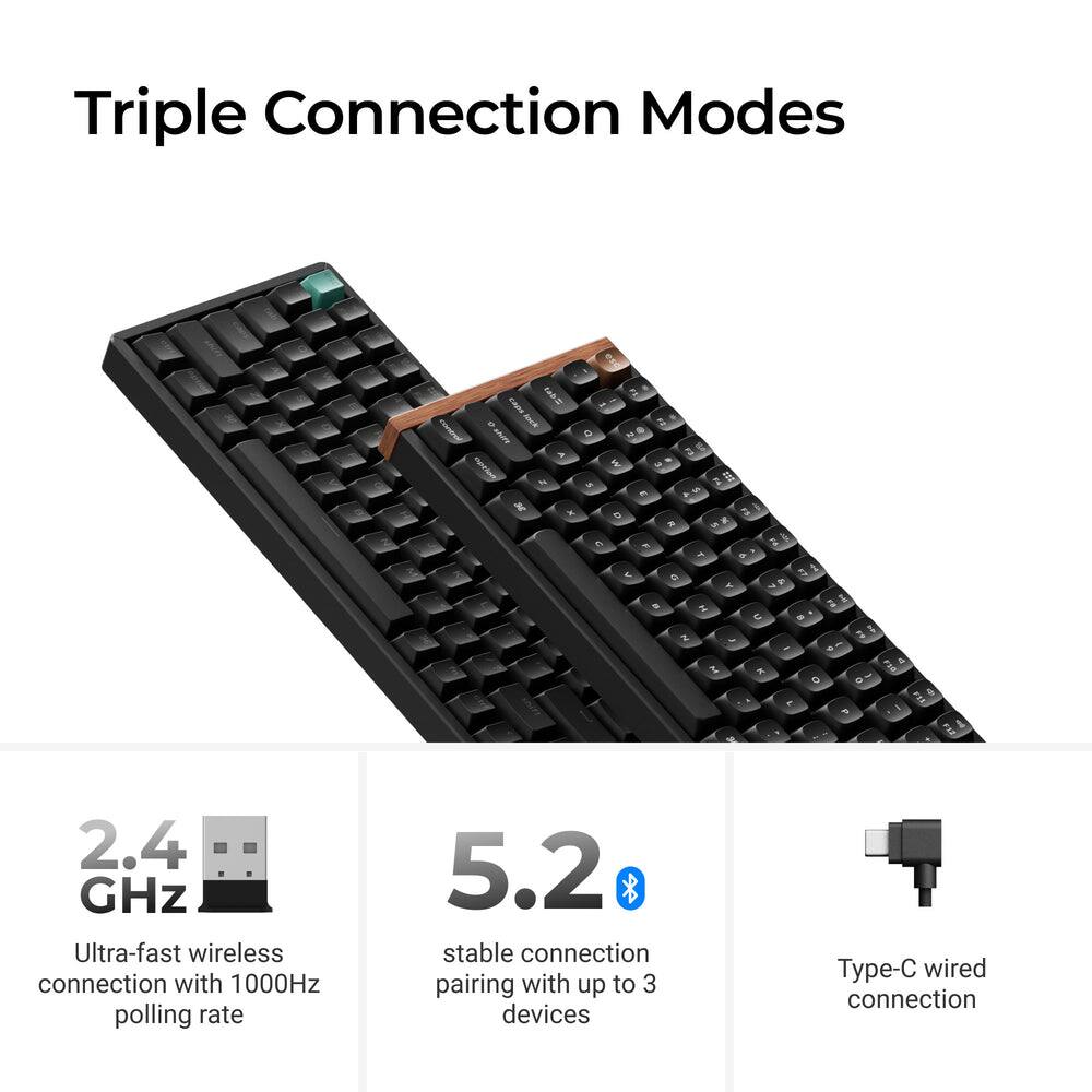 Triple Connection Modes

- 2.4 GHz Ultra-fast wireless connection with 1000Hz polling rate
- 5.2 stable connection pairing with up to 3 devices
- Type-C wired connection