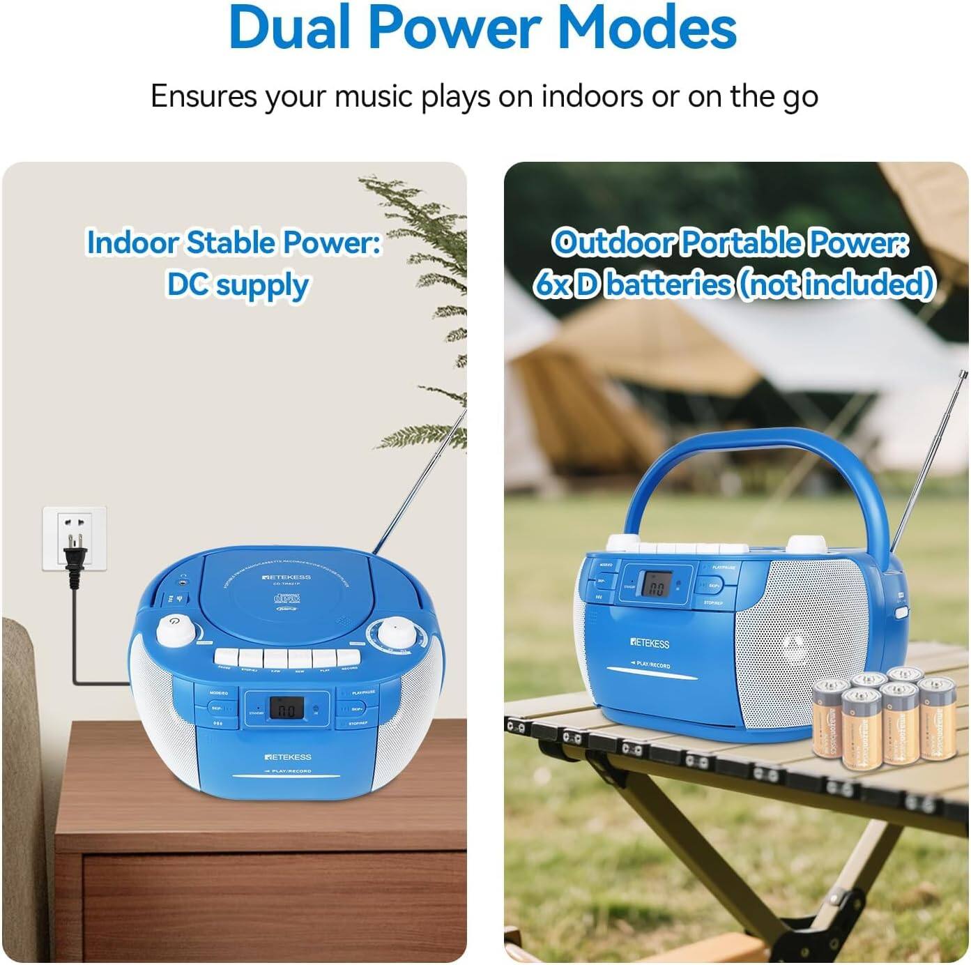 Dual Power Modes  
Ensures your music plays on indoors or on the go  

Indoor Stable Power: DC supply  
Outdoor Portable Power: 6x D batteries (not included)  

PETEKSS  
dm 00  
RETKESS  
Rce  
E  
NETEKESS