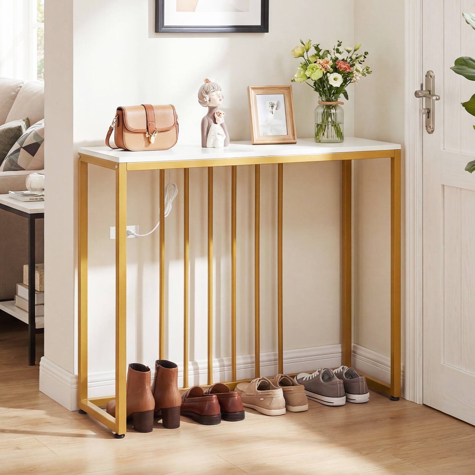 Alt View 3. Costway - Costway Console Table with Built-in Charging Station, Heavy-Duty Metal Frame for Foyer - White + Gold.