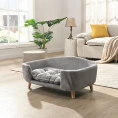 Front. Zeus & Ruta - Gray Corduroy Pet Couch Bed with Rubber Wood Legs and Supportive Foam for Small Dogs - Gray.