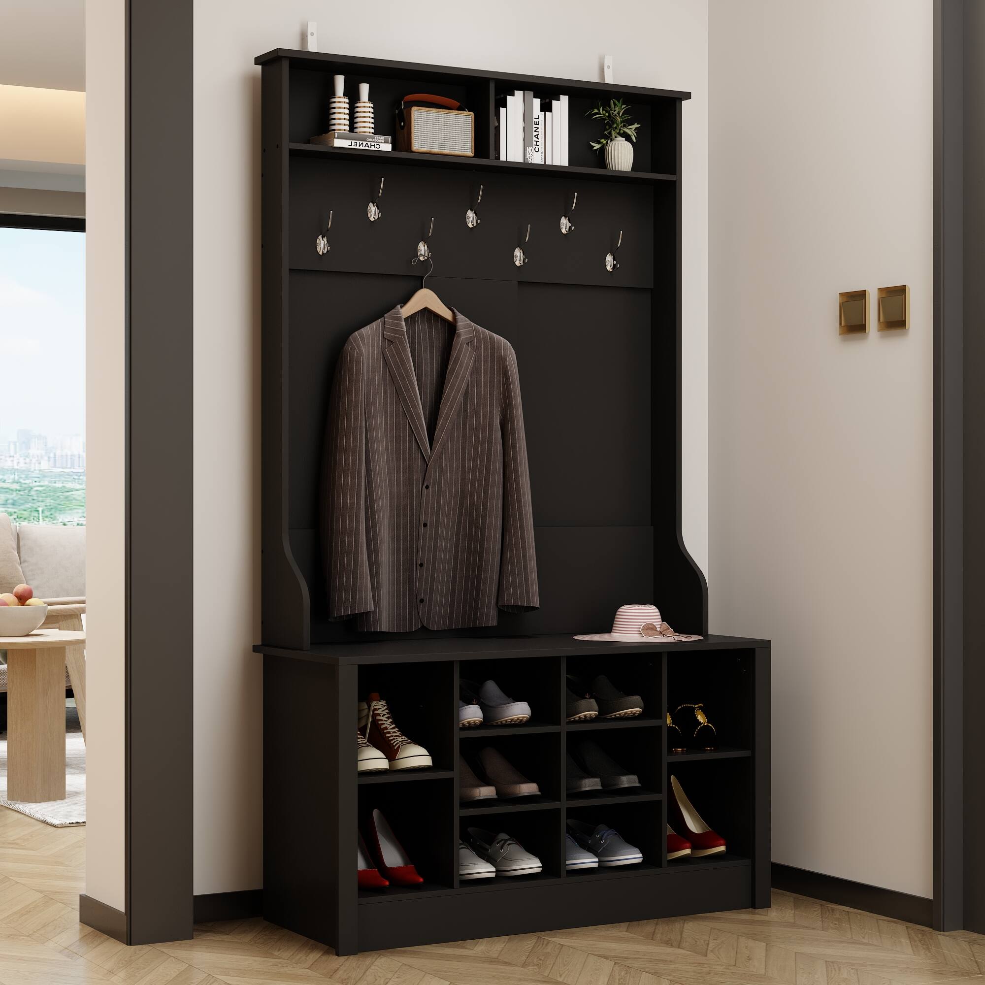 FUFU&GAGA - Large Capacity Hall Tree with Coat Rack Shoe Storage Bench and Shelves for Spacious Entryway Organization - Black