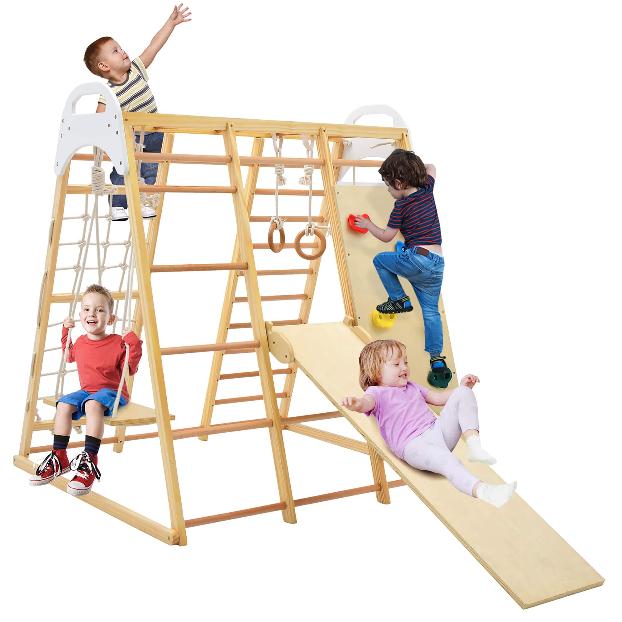 Costway - 8-in-1 Jungle Gym Playset, Wooden Climber Play Set with Monke - Natural