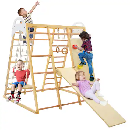 Front. Costway - Costway 8-in-1 Jungle Gym Playset, Wooden Climber Play Set with Monke - Natural.
