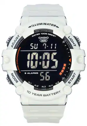 ILLUMINATOR 100M WATER RESIST CASIO ADJUST WR LIGHT 0 SU 7-11 7- CHRONOGRAPH 10:05 ALARM 5 ALARMS MODE 56 10 YEAR BATTERY