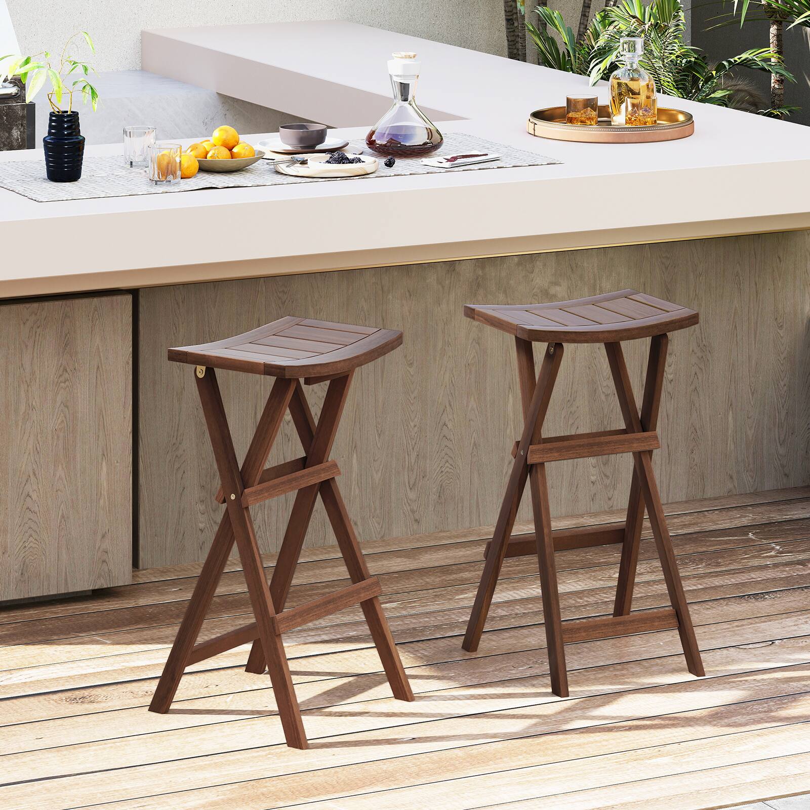 Alt View 1. Gymax - Gymax Bar Stools Set of 2 30'' Folding Bar Height Stools w/ Saddle Seat & Footrest - Teak.