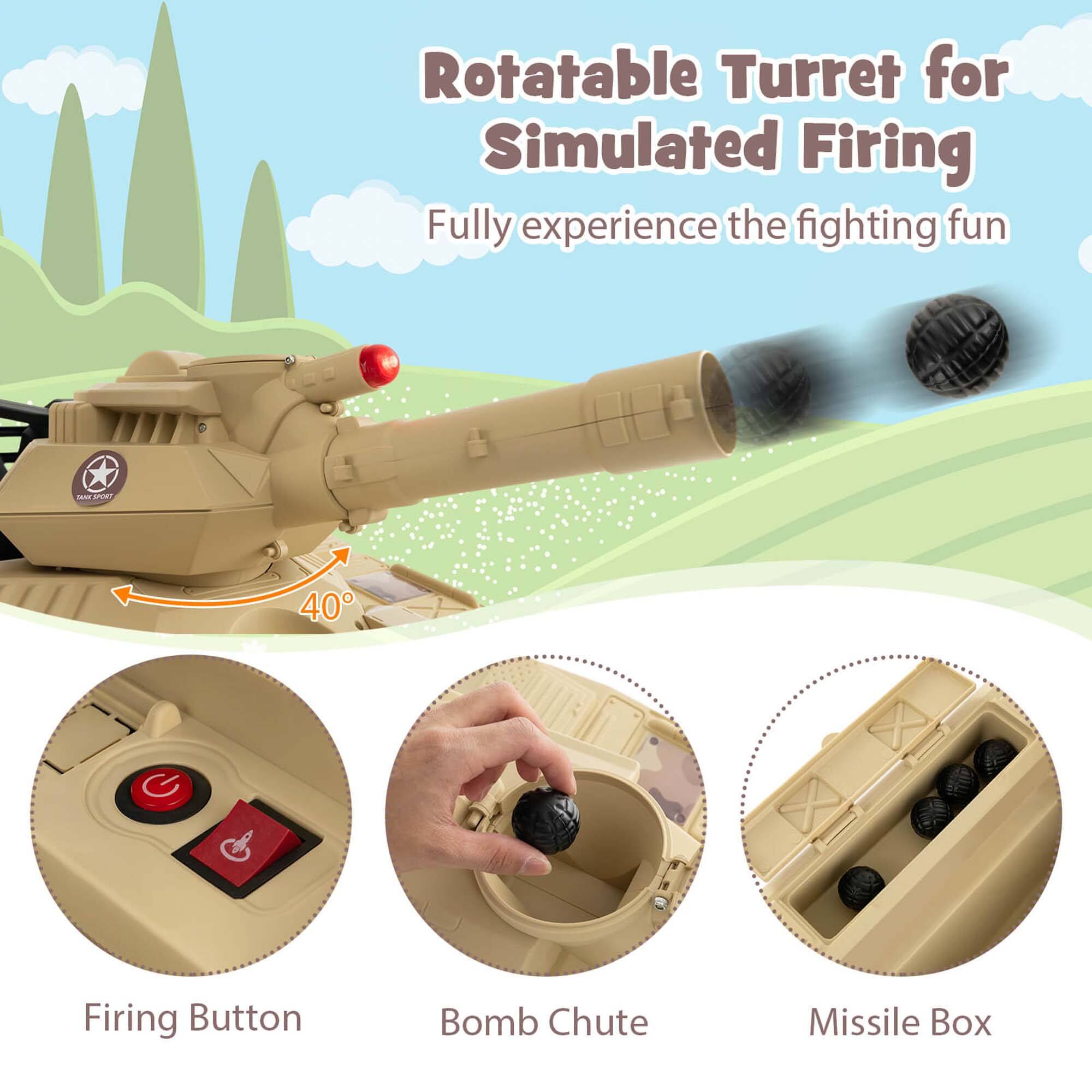 Rotatable Turret for Simulated Firing  
Fully experience the fighting fun  

- Firing Button  
- Bomb Chute  
- Missile Box