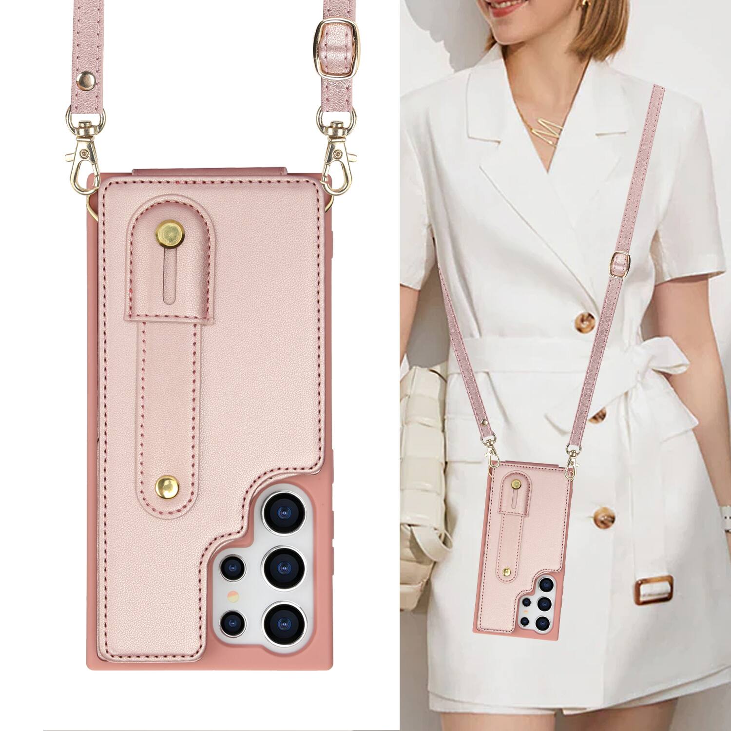 Left. Dteck - Crossbody Wallet Case for Samsung Galaxy S25 Ultra,Shockproof Protective Cover with Wrist Strap and Kickstand - Rosegold.